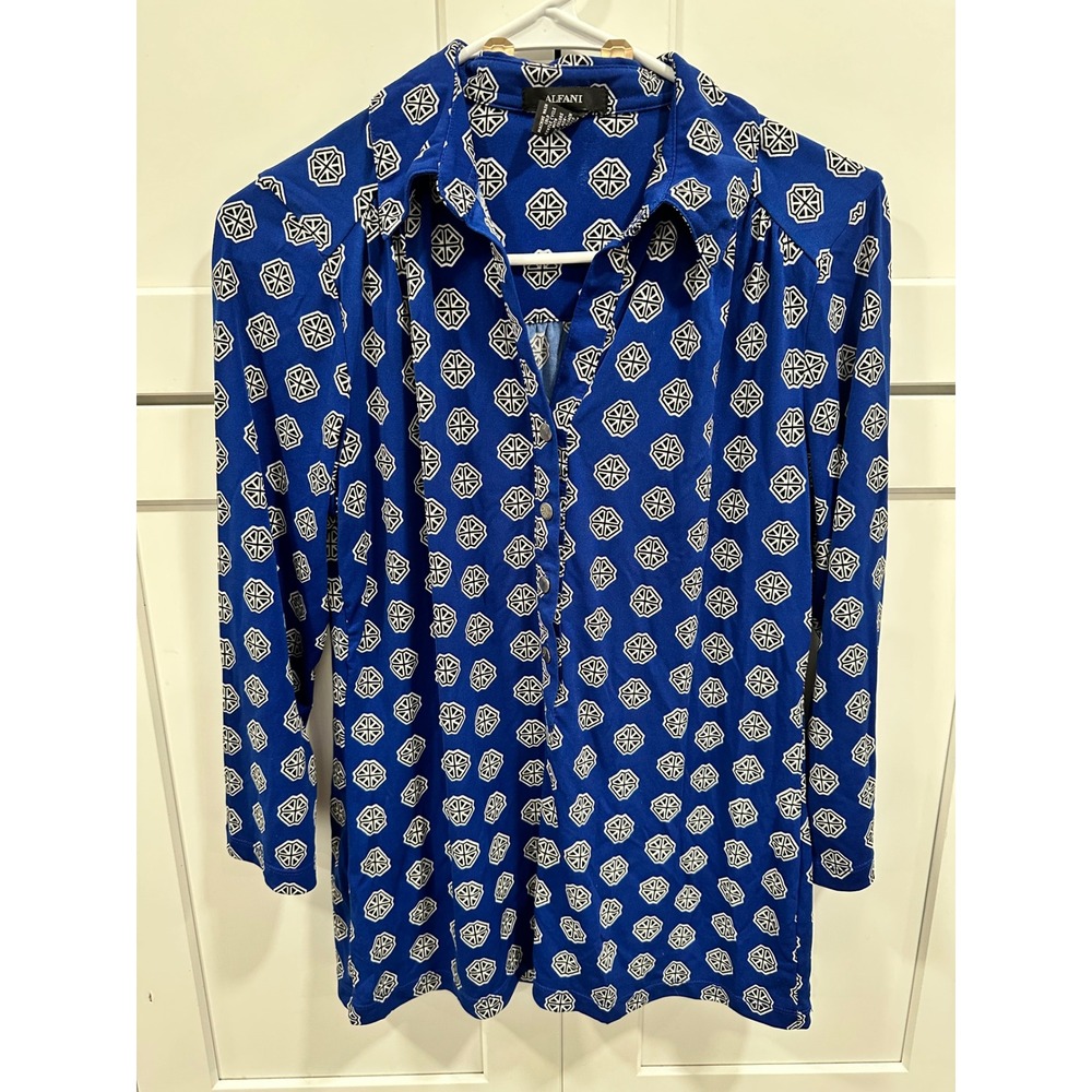 Alfani Womens Blue‎ Geometric Print Button Up Shirt Top M